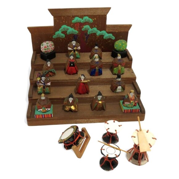 Miniature JAPANESE WOODEN Doll Set with Display Stand Handcrafted Vintage - Picture 1 of 11